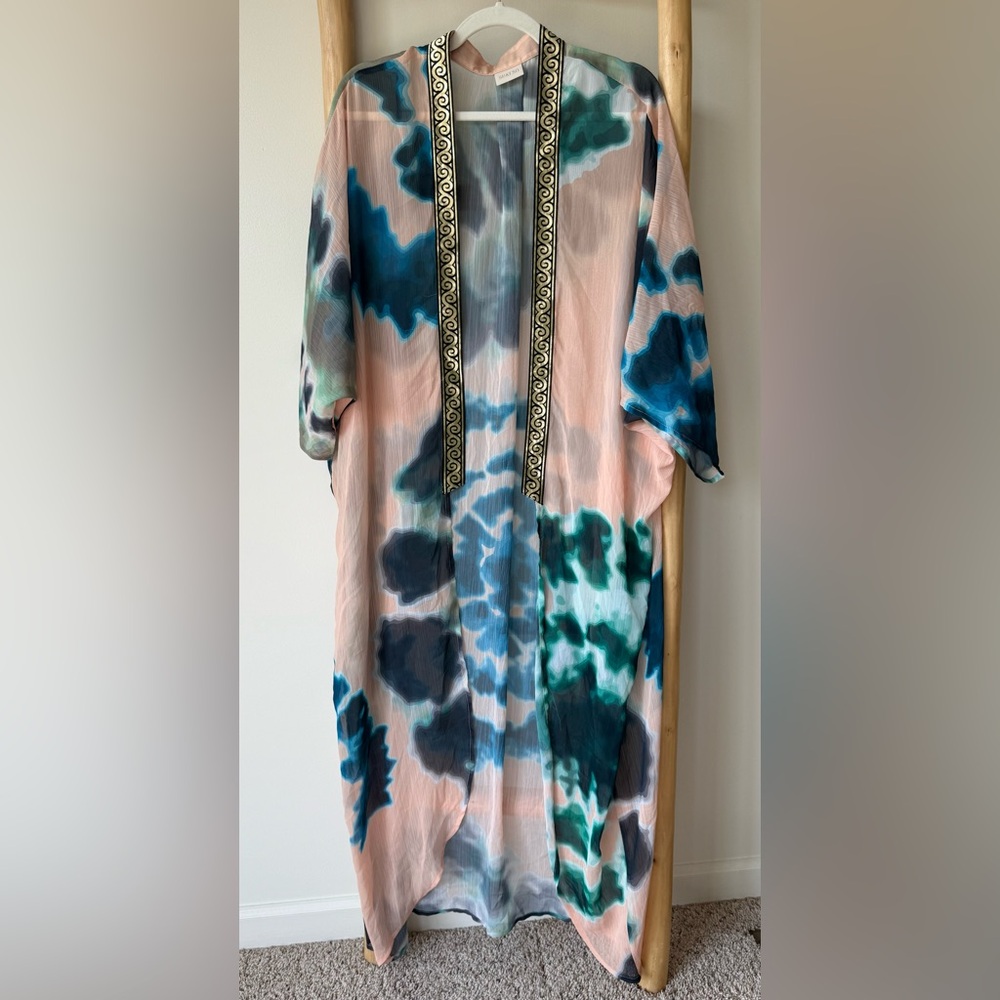 Suki So Goddess Tie Dye Gold Metallic Greek Key Kimono Swim Coverup No Belt OS